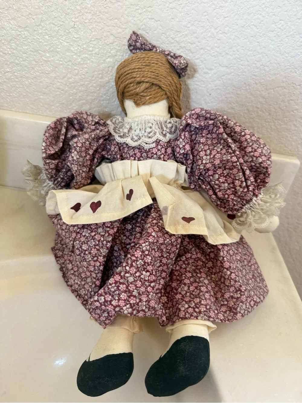Handmade Rag Doll with Purple Floral Dress and Braided Hair